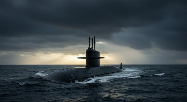 Submarine Sailing on Dark Ocean Under Stormy Sky with Crew on Deck photo