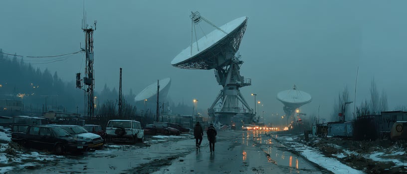 Unusual winter evening at satellite dish facility photo