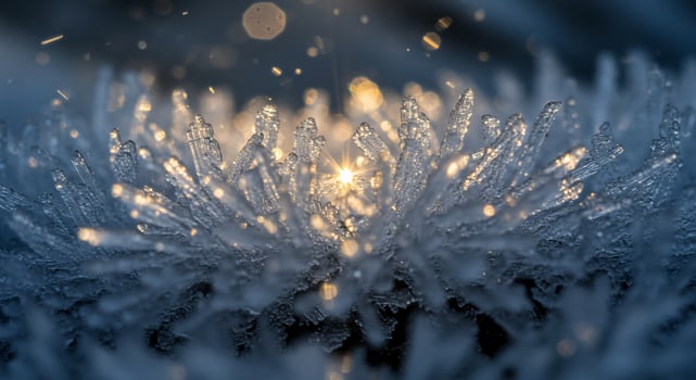 Intricate ice crystals forming a crown, sparkling with a golden sunburst and bokeh photo