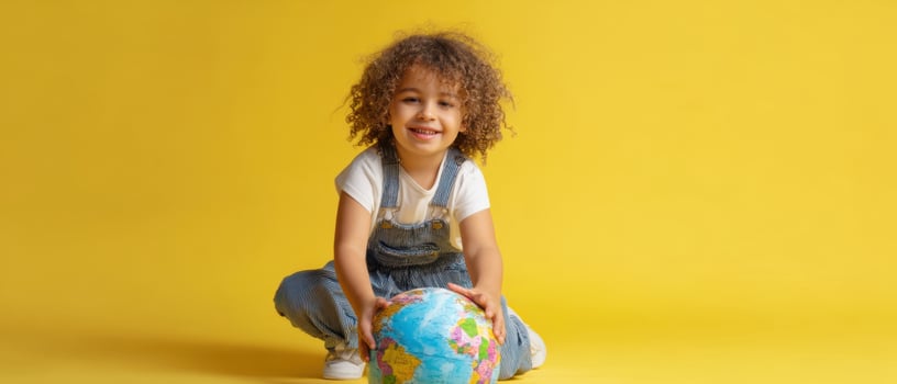 The joyful child exploring the world with a colorful globe on a yellow backdrop. photo