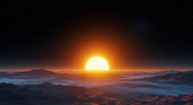 An artist's rendering of the sun rising over a mountain range photo