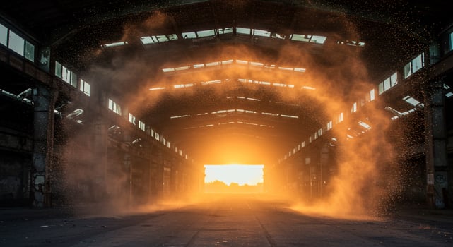 Golden Dust Erupts in an Abandoned Warehouse, Illuminated by Sunset. photo