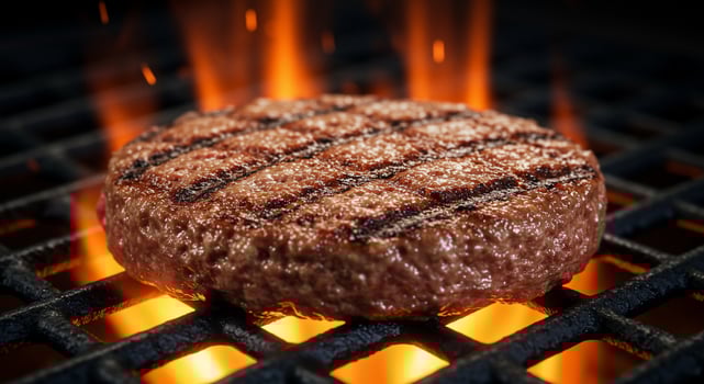 Gourmet Beef Patty with Perfect Grill Marks Sizzling Over Fire photo