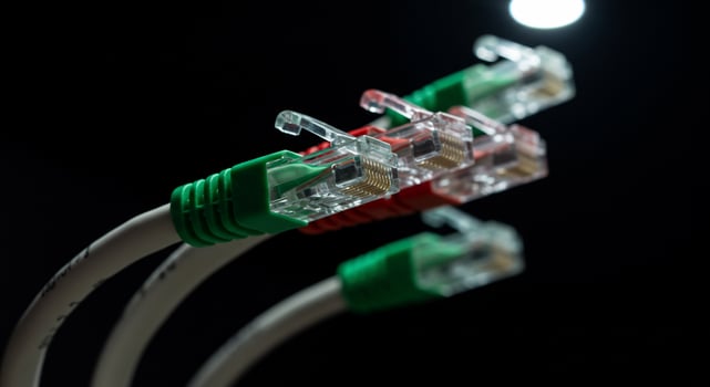 Close-up of RJ45 Ethernet Cables with Green and Red Connectors photo