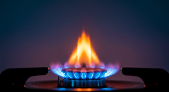 Close-up of a Gas Stove Burner with Vivid Flames photo