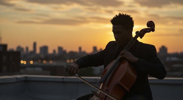 Silhouette of a young Black man playing the cello on a rooftop against a golden sunset skyline. photo