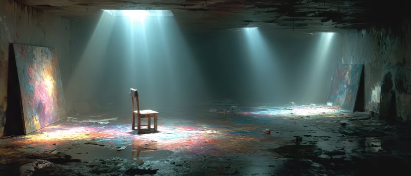 Colorful light beams illuminate an empty chair photo