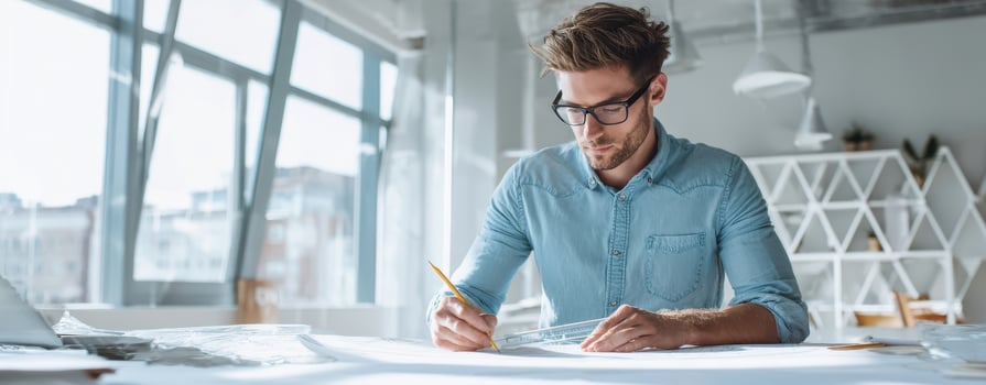 The architect focused on detailed sketches in a modern workspace. photo