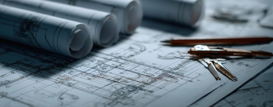 The detailed blueprints and drafting tools in a professional workspace. photo