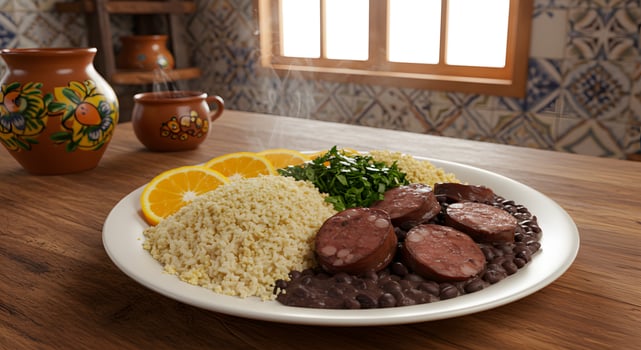 A vibrant plate of feijoada a traditional Brazilian black bean stew served with sausage photo