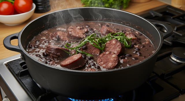 A pot of beans and sausage cooking on the stove photo