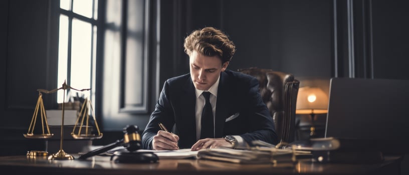 The focused lawyer writing in a stylish office environment photo