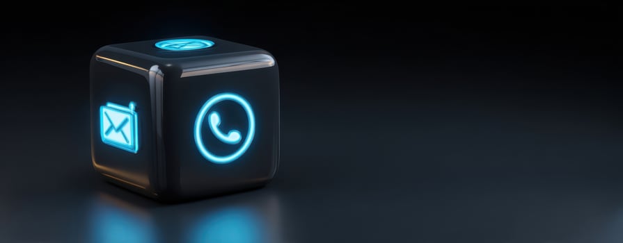 The glowing communication cube with email and phone icons on a dark background. photo