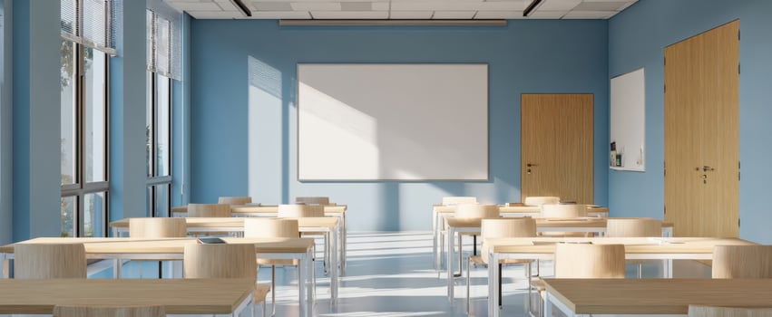 The modern classroom with minimalist design and ample natural light. photo