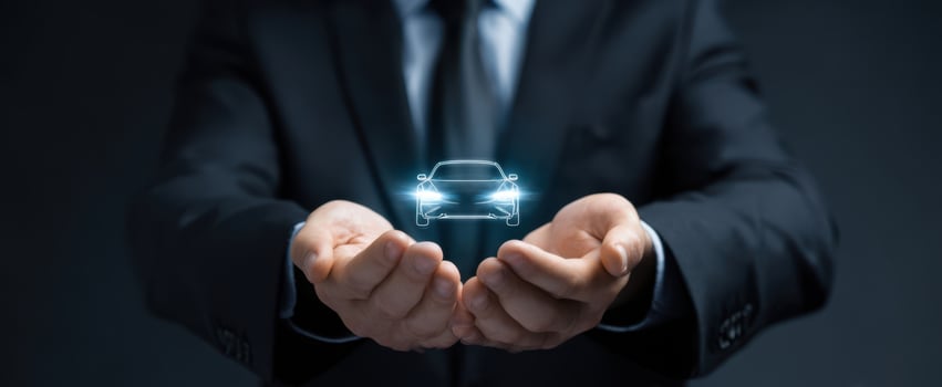 The businessman presenting a holographic car in his hands for innovative marketing. photo
