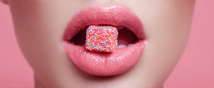 The alluring close-up of a vibrant candy cube between glossy lips. photo