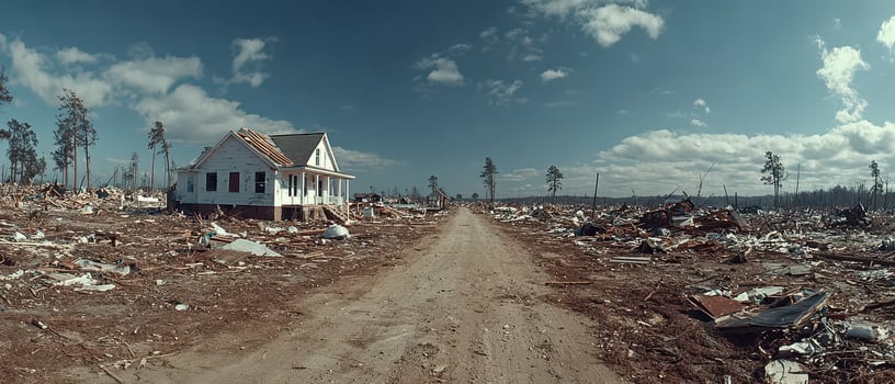 Tornado aftermath in rural community landscape photo