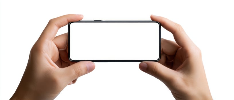The smartphone held in hands with a blank screen for mockup display. photo
