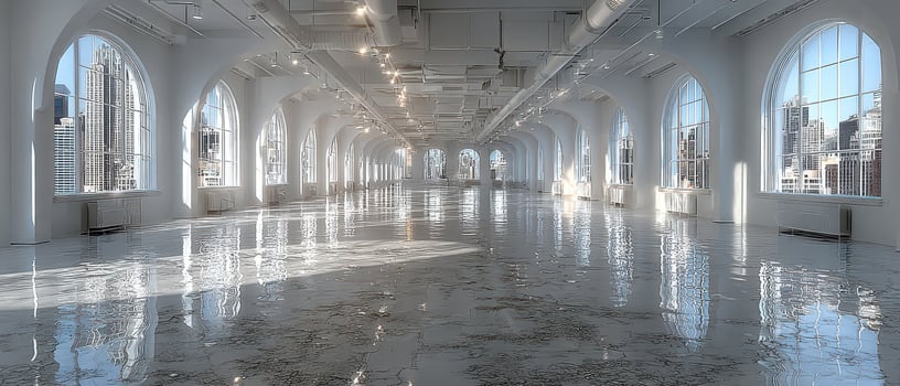 Spacious event venue with city skyline views photo