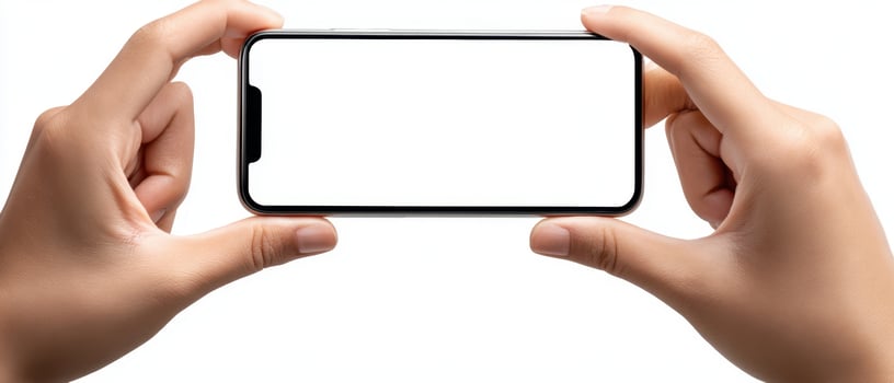 The hands holding a smartphone with a blank screen for customization photo