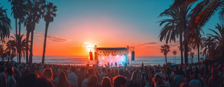 The vibrant concert scene at sunset by the beach with a lively crowd. photo