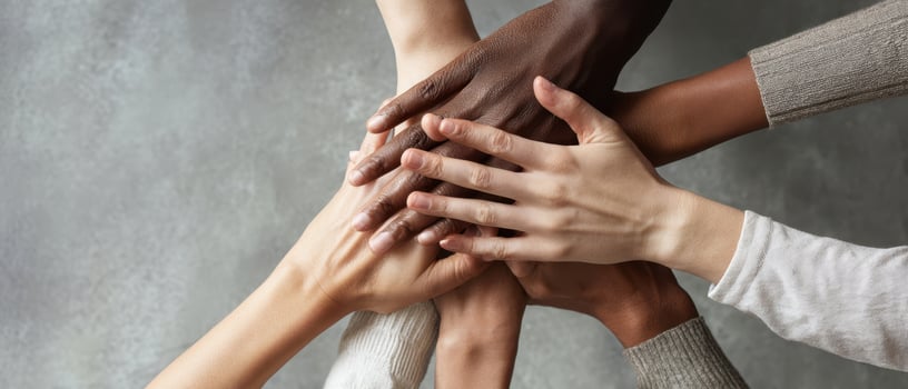 The hands coming together symbolize unity and support among diverse individuals. photo