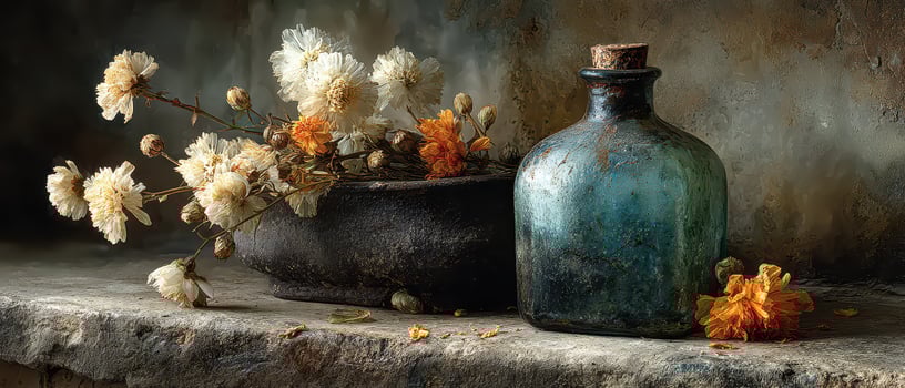 Vintage glass bottle with dried flowers on shelf photo