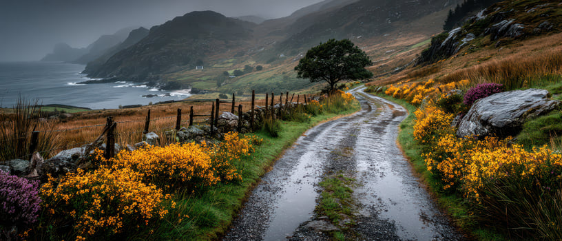 Coastal road with flowers in Ireland photo