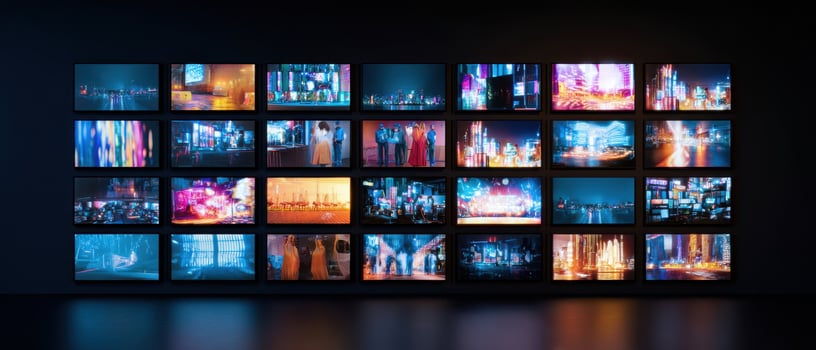 The vibrant display of digital art illuminating a modern urban gallery photo
