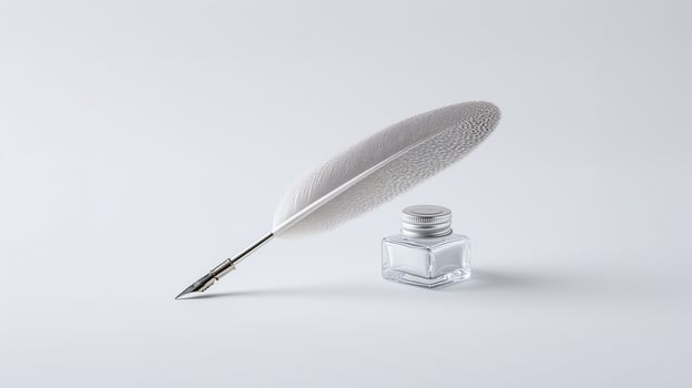 White feather quill pen with glass ink bottle for formal business writing and document signing photo