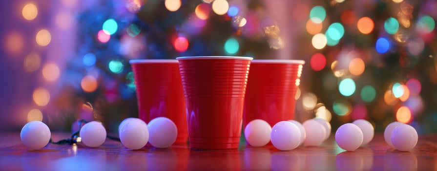 The festive arrangement of red cups and ping pong balls in a holiday setting. photo
