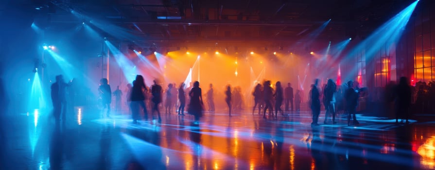 The vibrant dance party illuminated by colorful lights and silhouettes. photo