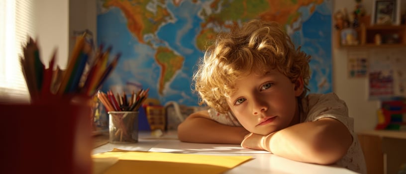 The thoughtful child resting on a desk in a colorful classroom setting. photo