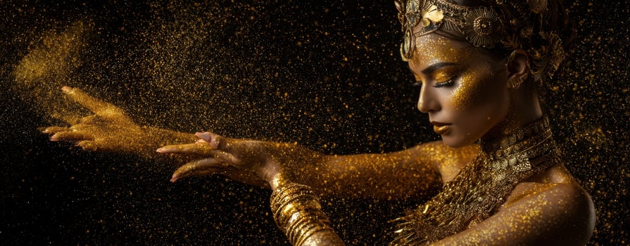 The elegant model adorned in gold shimmer and intricate accessories. photo