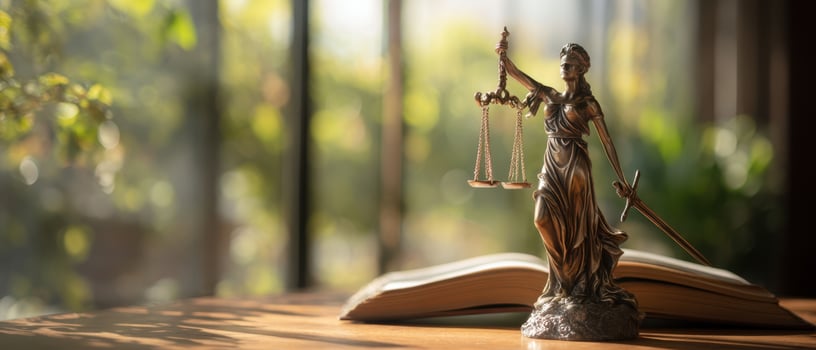 The Lady Justice Statue Surrounded by Natural Light on a Wooden Desk photo