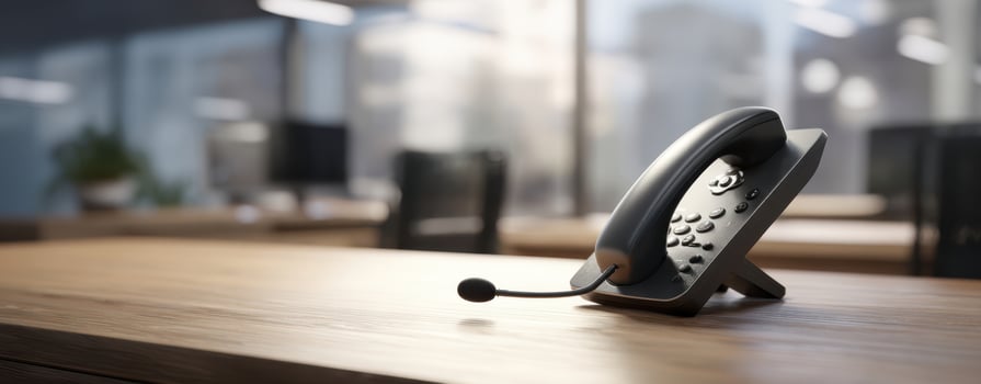 The telephone resting on a wooden desk in a modern office environment. photo