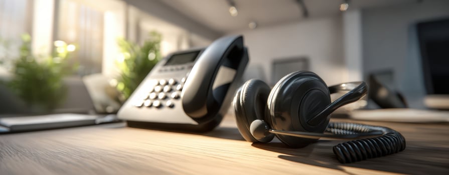 The modern office setup featuring a telephone and a headset on the desk. photo