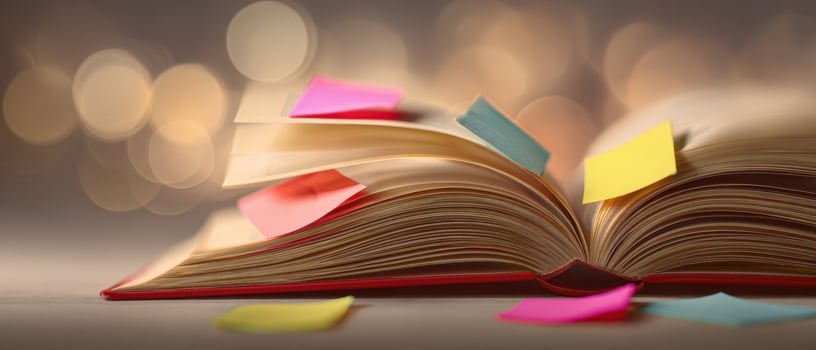 The open book adorned with colorful sticky notes among warm bokeh background photo