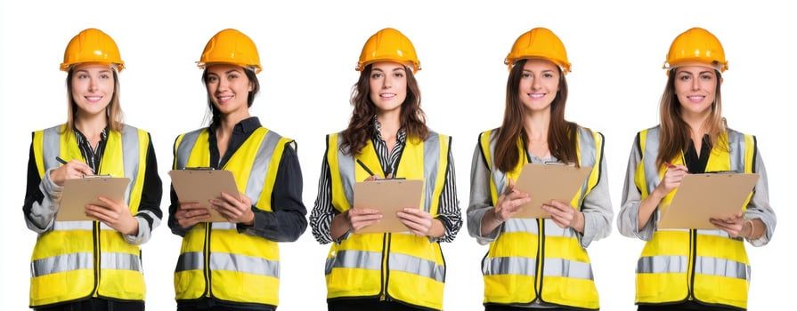 The confident women engineers collaborating in safety gear with clipboards photo