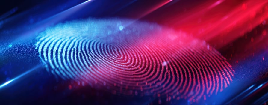 The fingerprint illuminated by vibrant blue and red neon lights photo