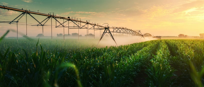 The irrigation system enhances crop growth in a serene sunset landscape. photo