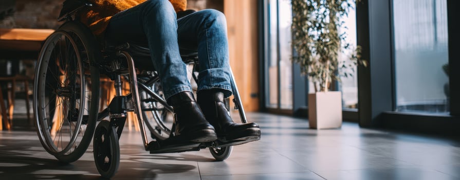 The person in a wheelchair enjoying a serene moment indoors bathed in sunlight. photo
