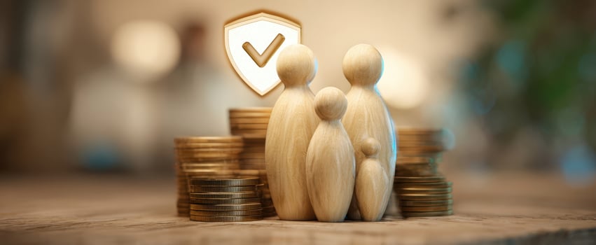 The family surrounded by coins symbolizing financial security and protection. photo