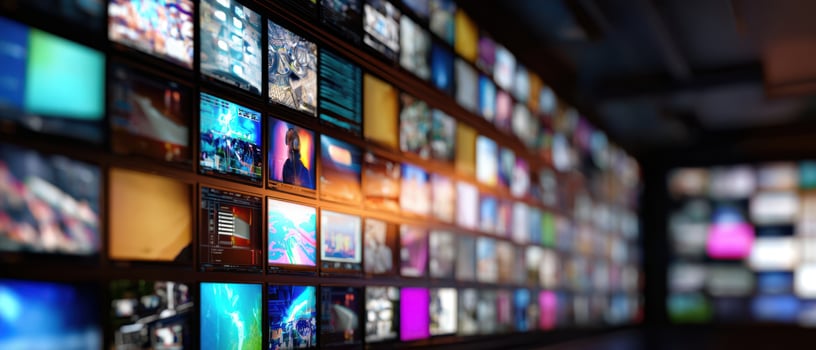 The vibrant display of multiple monitors showcasing diverse media content and technology. photo