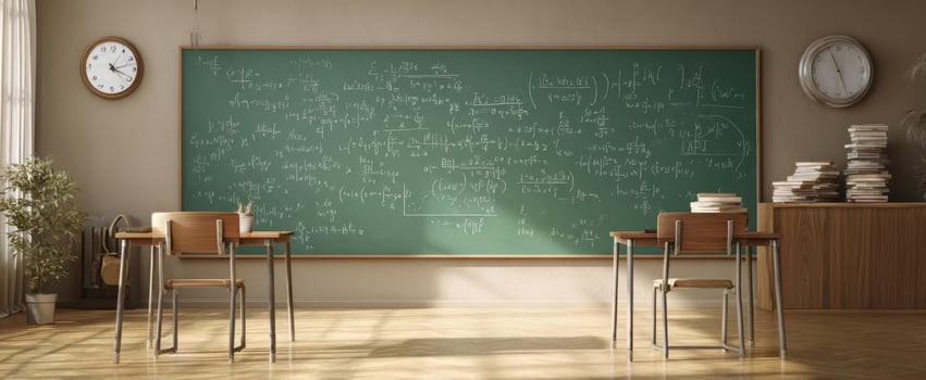 The classroom with a chalkboard filled with complex mathematical equations. photo