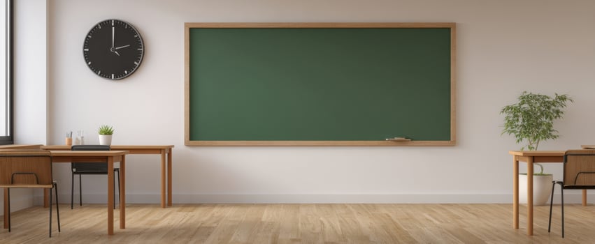 The minimalist classroom featuring a chalkboard and modern furniture setup. photo