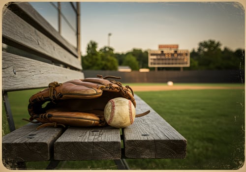 Baseball mitt and ball on wooden bench photo