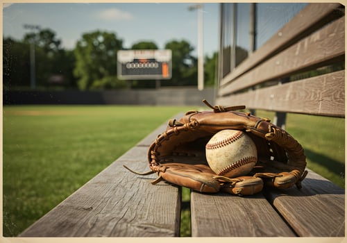 Baseball glove and ball on park bench photo