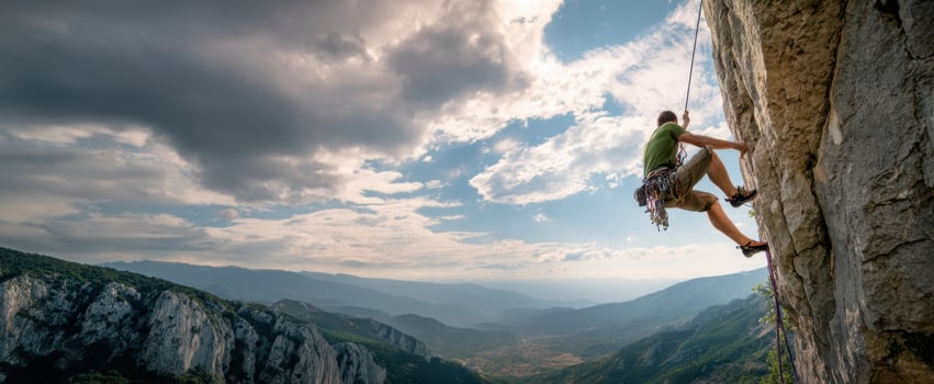 The climber scaling a rock face against a stunning mountain backdrop. photo