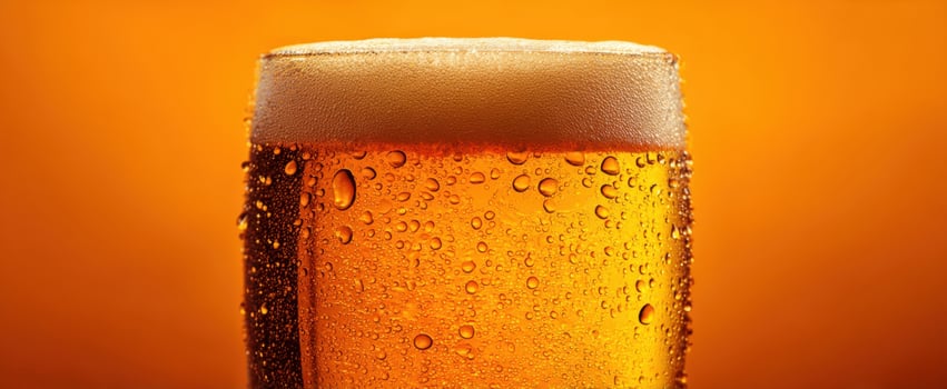 The refreshing glass of amber beer with frothy foam and condensation photo